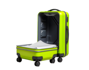 Open Lime Green Rolling Suitcase Isolated
