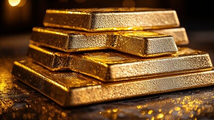 Stack of gold bars shiny and reflective on a dark background.