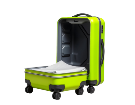 Open Lime Green Rolling Suitcase Isolated