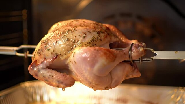 Golden Brown Roasted Chicken Rotating on Rotisserie in Oven, Close-Up View, Appetizing Juicy Poultry, Comfort Food, Thanksgiving Dinner, Culinary Video Footage