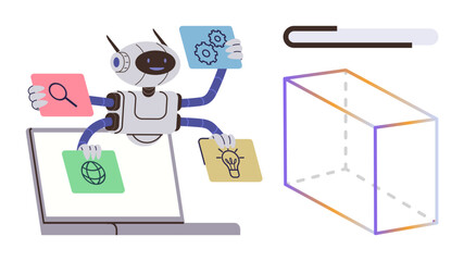 Robot multitasking with cards for search, settings, web, and ideas on laptop progress bar and 3D box outline. Ideal for automation, AI, multitasking, innovation tech workflow future tech. Simple
