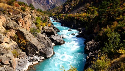 Obraz premium Serene turquoise river carves through rocky cliffs of Himalayan canyon