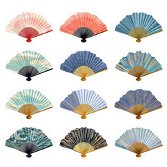  Japanese folding fan collection on white background