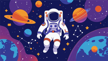 Astronaut floats among planets, stars, and constellations in space. Suitable for science fiction, educational materials, or spacethemed designs.