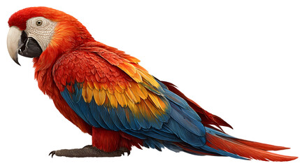 Obraz premium A vibrant scarlet macaw perched on a branch with its colorful plumage displayed against black backdrop on transparent background