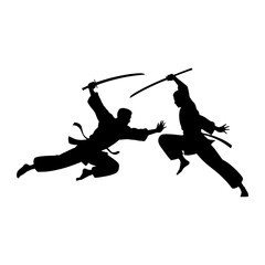 Warriors clash with swords in dynamic pose martial arts