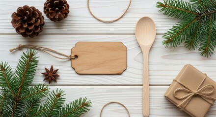 A rustic holiday flatlay featuring pine cones, a wooden spoon, a gift, and a blank tag on a white wooden surface