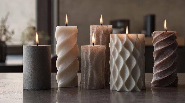 89.Handmade candles with intricate shapes and smooth textures, arranged in a sophisticated composition, adding a touch of artistry to home decor