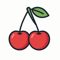 Two ripe red cherries with green leaf on white background, fresh fruit illustration