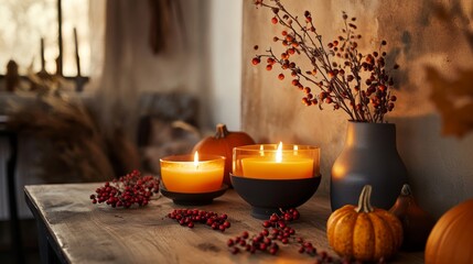 85.Festive fall composition with burning pumpkin candles, scattered rowan berries, and rustic textures, evoking warmth and seasonal charm in a cozy space