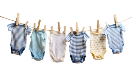 Baby Clothes Hanging on Rope with Small Clothespins Isolated on White Background