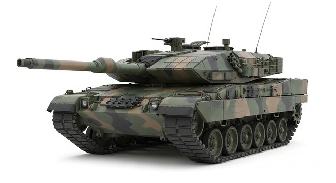 Leopard 2 main battle tank isolated on white background, front three quarter view