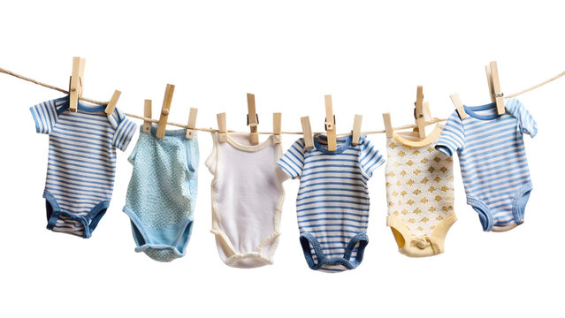 Baby Clothes Hanging on Rope with Small Clothespins Isolated on White Background - Powered by Adobe