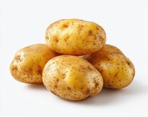 Four fresh, whole potatoes stacked on a white background.  They are a light golden yellow color with brown speckles