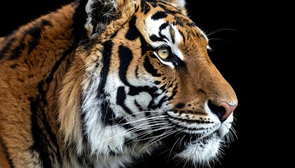 Fototapeta premium Striking Bengal Tiger Profile: Intense Gaze and Detailed Fur Against Black Backdrop