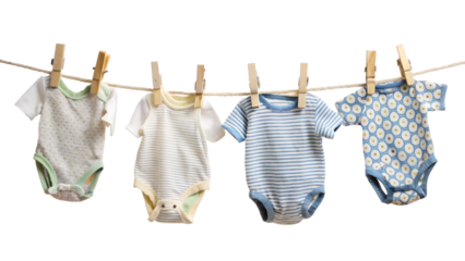 Baby Clothes Hanging on Rope with Small Clothespins Isolated on White Background