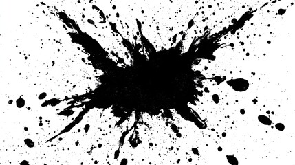 Black ink splatters on a white surface.