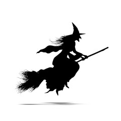 vintage style silhouette of a witch flying on a broomstick  isolated on transparent background