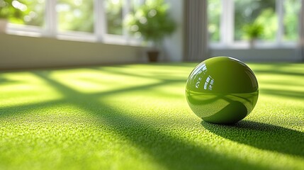 Green sphere on green carpet near window with sunlight and plant.