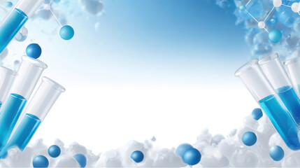 Test tubes with blue liquid and molecular structures create scientific background. image features bright, clean design with focus on laboratory elements, evoking sense of innovation