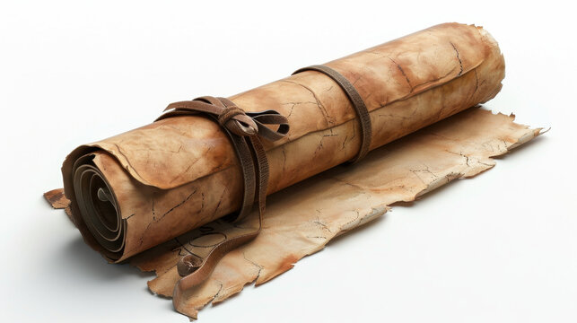 Aged and weathered scroll with leather ties and a partially unrolled section on a white background