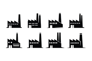 Collection of eight black factory building icons with chimneys and windows industrial silhouette