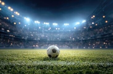 Soccer stadium at night, single ball on field