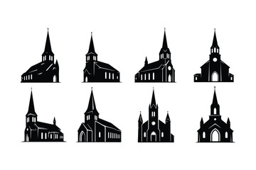 Obraz premium Collection of eight black silhouette church building icons on white background architecture