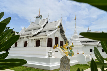 White Pagoda and White Church, Lanna Architecture, Symbols of Buddhism, South East Asia at Wat Thip Apsara Morin (Wat Noi Wang Sakae), Chiang Mai, Northern Thailand