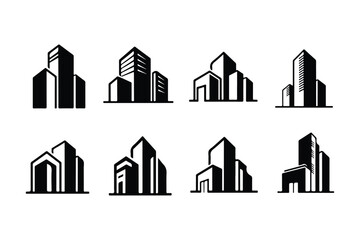 Fototapeta premium Eight black and white graphic icons of stylized modern buildings and skyscrapers architecture