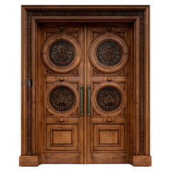 Ornate wooden door with circular designs and intricate carvings on a black background view from front on transparent background