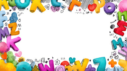 Colorful alphabet letters and doodles frame whiteboard, creating playful and creative space for ideas. vibrant colors and whimsical designs add fun and energetic vibe