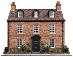 Fototapeta premium Front facade of a traditional brick house. Classic, two-story home with multiple windows, dark trim, and a pitched roof. Small shrubs border the base. Isolated on white