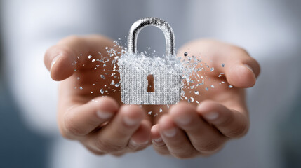 Digital padlock shattering in hands symbolizes data breach, highlighting vulnerability and security concerns in digital world. image conveys sense of urgency and fragility