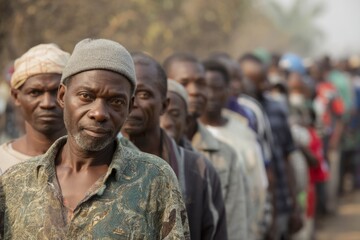 Fototapeta premium Late morning at a food distribution site People form lines to receive emergency rations The mood is orderly and calm, Generative AI