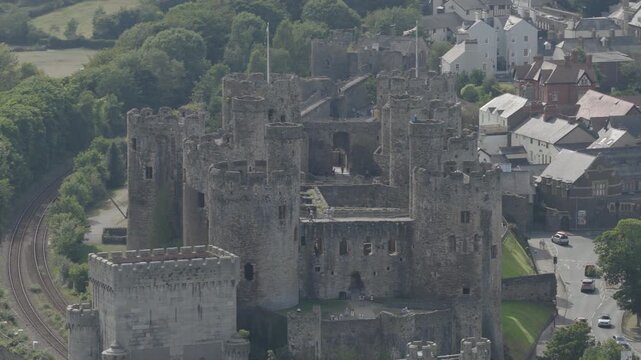 Aerial view of Conwy Castle and Conwy in North Wales. Historic architecture and Welsh heritage