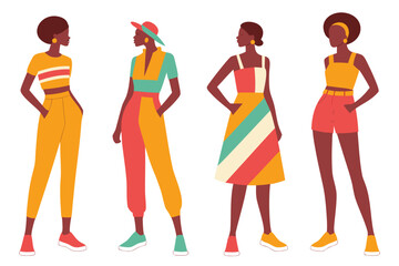 Fototapeta premium Four Afro Women Wearing Bright Retro Outfits Standing Isolated on White Background Illustration