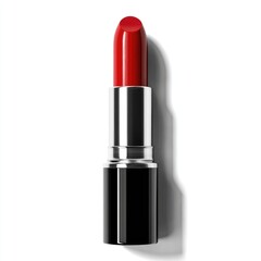 Close-up of a vibrant red lipstick in a sleek, metallic silver and black case
