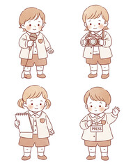 A cute illustrated character depicting a young girl engaged in various journalistic activities with a microphone, camera, notebook, and press badge.