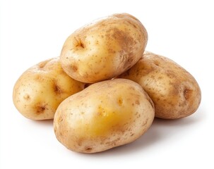 Stack of four russet potatoes against white background