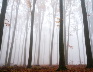 Misty autumn forest with tall, slender trees and a carpet of fallen leaves
