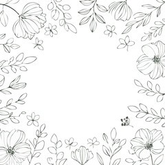 Fototapeta premium Flower and leaf border for stationery. Hand-drawn nature element frame design. Stylish floral wreath sketch artwork. Simple and elegant floral border design. Black and white floral wreath illustration