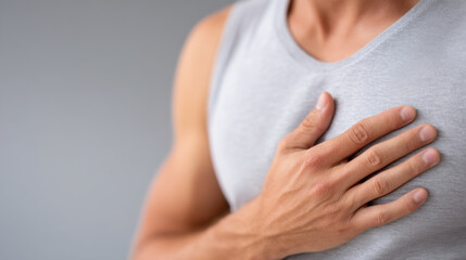 Person wearing gray tank top gently touches their chest with one hand, conveying sense of self compassion and mindfulness. background is soft, neutral gray