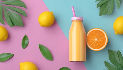 Overhead shot of a glass bottle filled with yellow citrus juice, accompanied by lemons, oranges, and tropical leaves on a pink and blue background