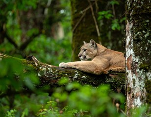 A cougar rests on a moss-covered log in a lush forest, gazing intently to its right