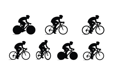 Seven black silhouette cyclists riding bicycles on white background cycling sport