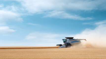 Combine harvester efficiently collects crops in vast golden field under clear blue sky, with dust swirling in air, showcasing modern agricultural technology