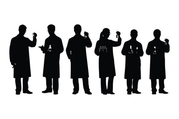 Black silhouette of six scientists in lab coats holding scientific equipment laboratory research