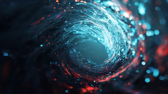 Abstract aqua vortex art background with red light effect, a mesmerizing whirlpool of color and energy in a spiral galaxy design
