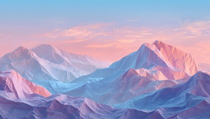 Pastel-hued, low-poly mountain range at sunrise, exhibiting a soft, crumpled paper aesthetic; serene and dreamlike